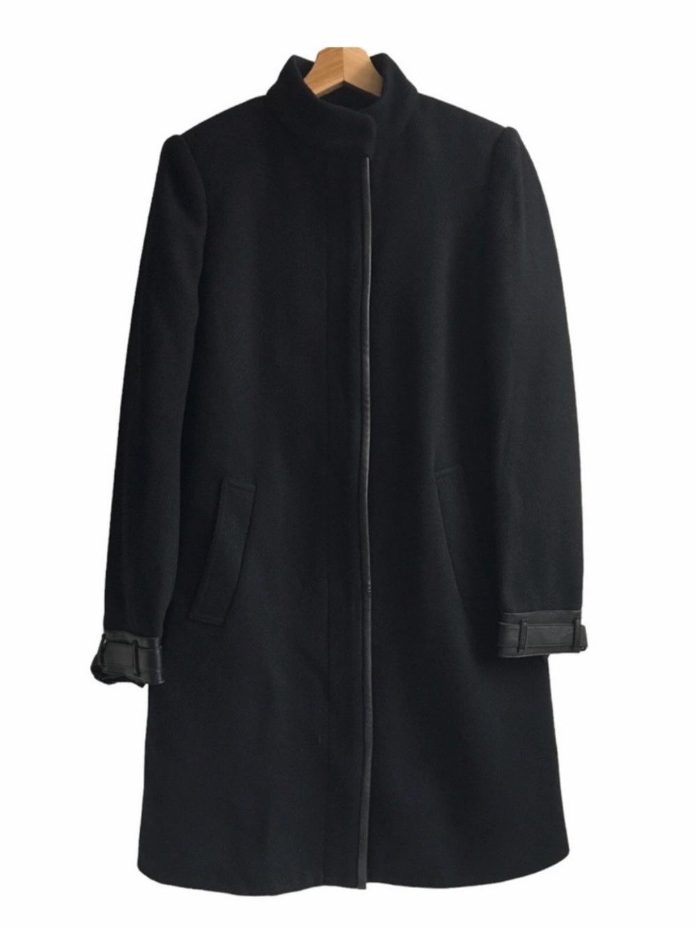 Vince Mandarin Collar Leather-Trim Wool Coat